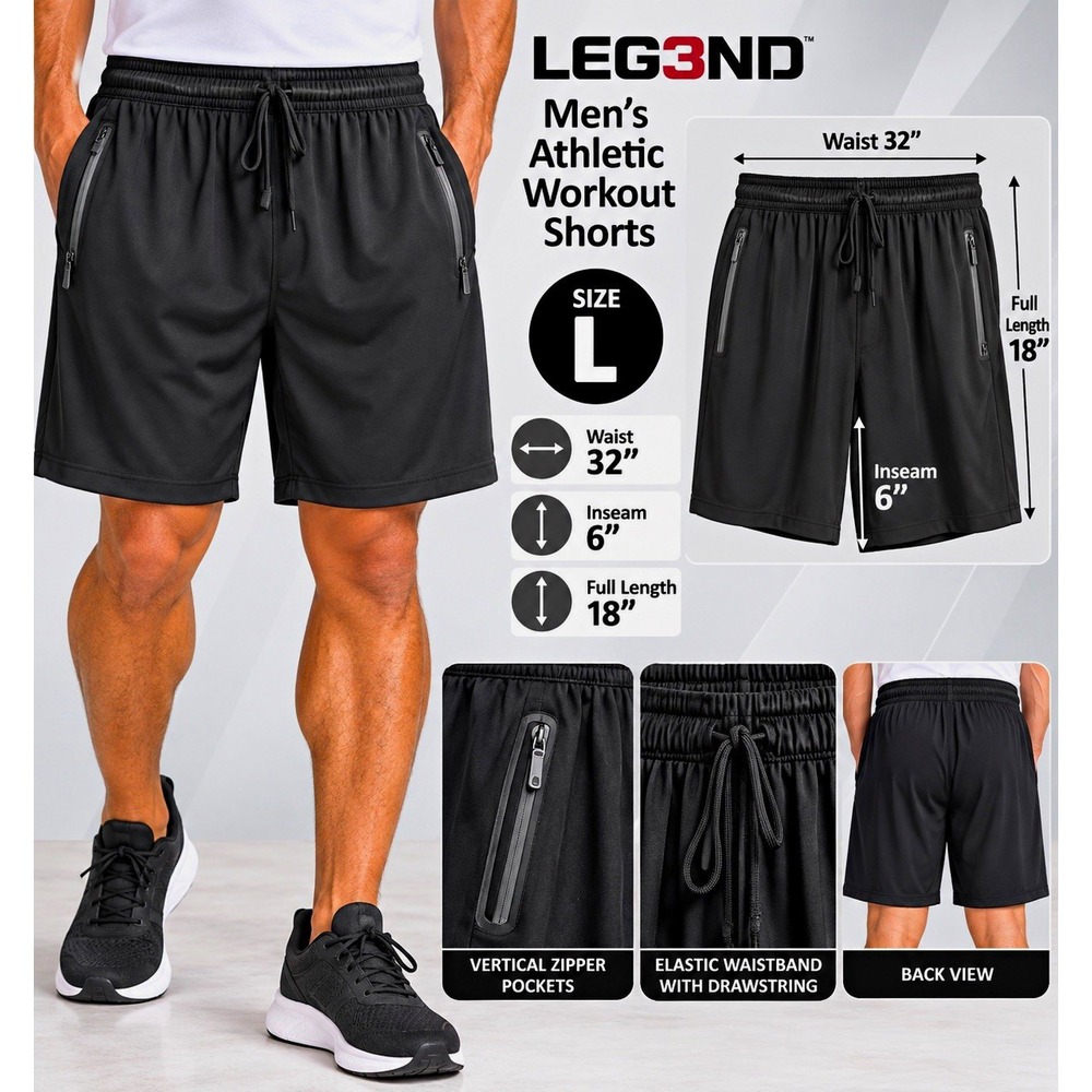 LEG3ND Men's L Black Athletic Shorts Drawstring Pockets Stretch 32" 6"